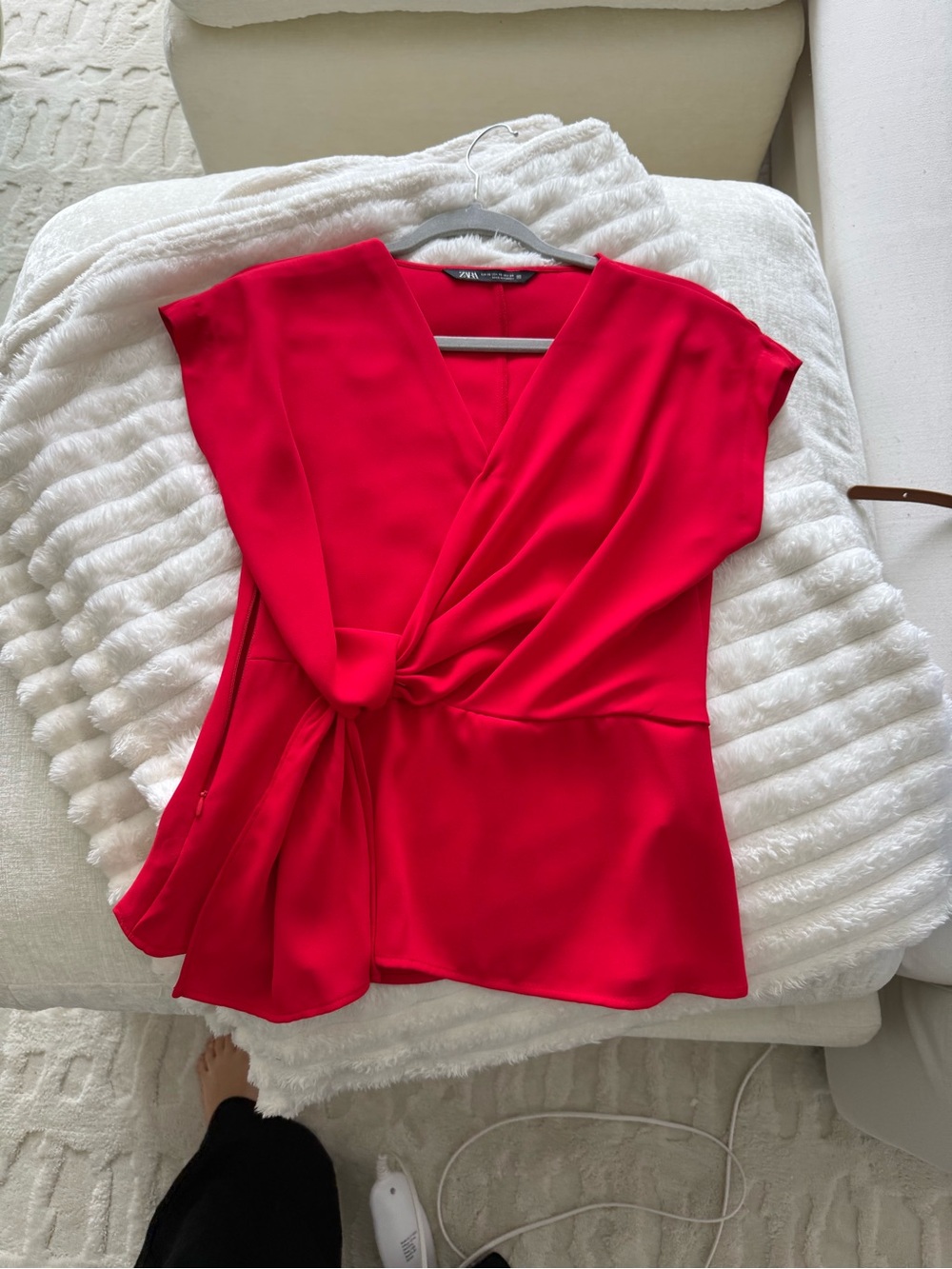 Zara Bright Red Twist-Front V-Neck Blouse
